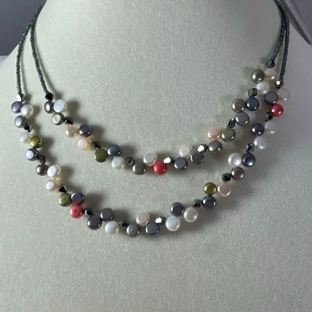 Lia Sophia multi strand flat faux pearl hematite necklace.